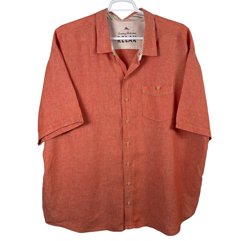 Tommy Bahama Relax‎ Shirt Men's 3XL Orange 100% Linen Short-Sleeve Button-Up